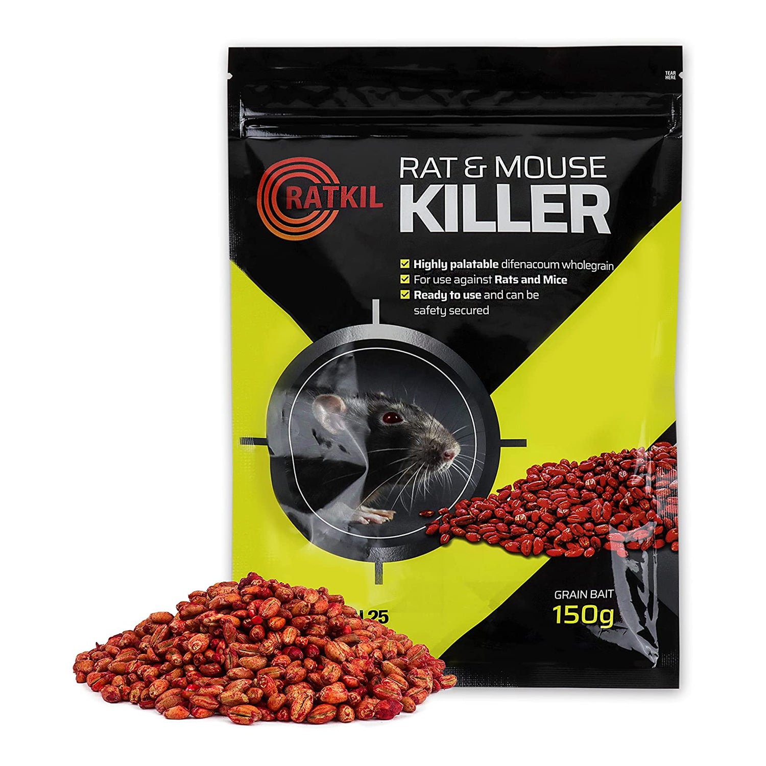 Ratkil Rat & Mouse Killer Poison Grain (6x25g) Rat Poisoning Strongest Maximum Strength - Fast Acting, All-Weather, Whole Wheat Bait Sachets For Rodent Control